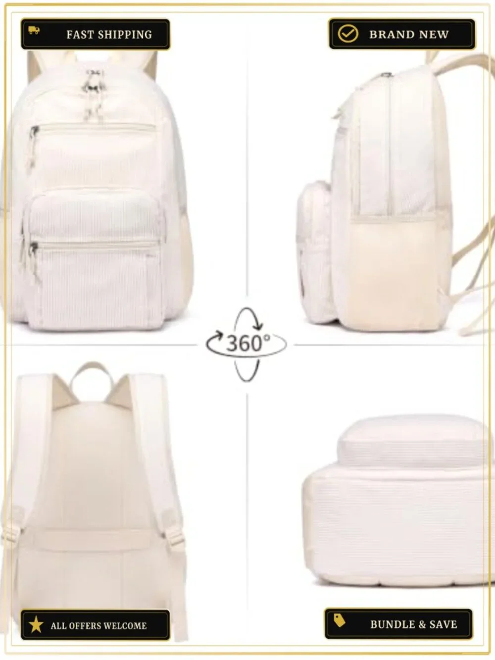 Corduroy School Backpack for Girls Boys, Cute Student Bookbag with Pockets